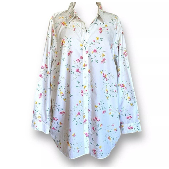 Lands End Button Up Shirt Womens Sz 18 White Floral Non Iron Supima Cotton Top - Picture 1 of 9